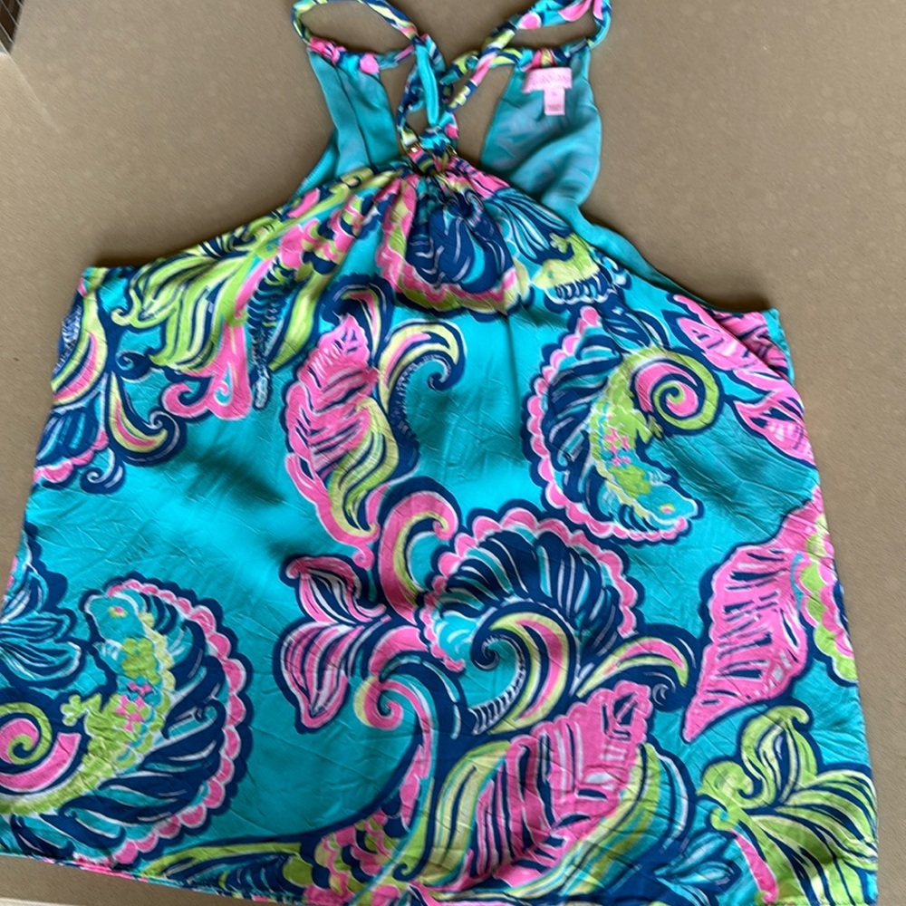 Lilly Pulitzer 100% Silk Halter Top, Gold Bamboo Ring Detail. XL.